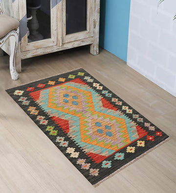 Flat Weave Kilim, Antique, Navaho, Vintage, Handmade, Geometric Kilim Blue Black Hand-Woven Rectangle 100% Wool Area Rug 2 x 3